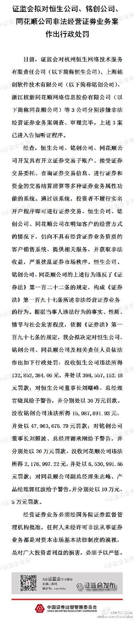 證監會擬對恒生、銘創、同花順等公司作出行政處罰